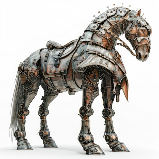 Metal War Horse Vista lateral de la abstract armadura de la hermosa bestia sobre un fondo blanco Renderizado en 3D