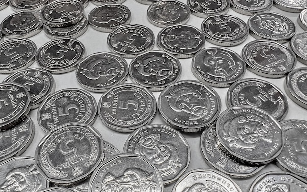 Metall-Fivehryvnia-Münzen, die auf einer weißen Oberfläche liegen Ukrainisches Geld
