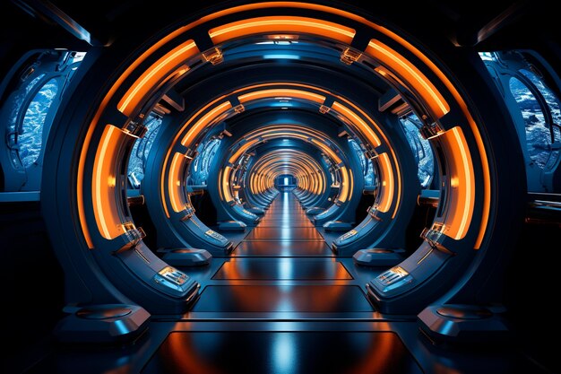 Metall- und Eisenkonstruktion im Tunnel- oder Korridorstil mit futuristischem Neonlicht