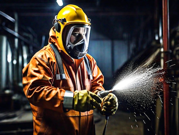 Metallarbeiter sprüht nachts Schutzanzug