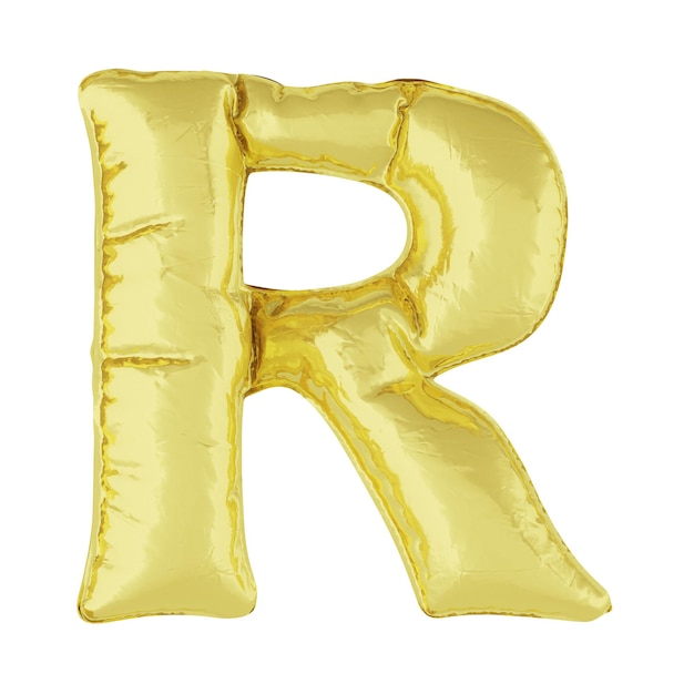 Metallballon auf weißem Hintergrund. Goldener Buchstabe R. Rabatte, Verkäufe, Feiertage, Jubiläen. 3D-Rendering