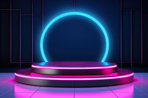 Metallbeleuchtung, Neonpodium, Cyberpunk, unwirkliche Stadt, rosa, blaue Neonlaser, Bühne, Produktpräsentation, Hintergrund, 3D-Illustration, leerer Ausstellungsraum