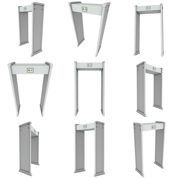 Metalldetektor-Scanner-Set 3D-Render isoliert auf Weiß Flughafen-Sicherheitstore mit Metalldetektoren