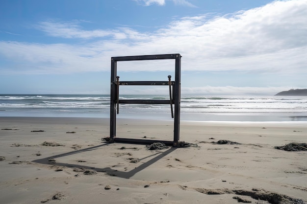 Foto metalldetektorrahmen am strand mit blick auf das meer, erstellt mit generativer ki