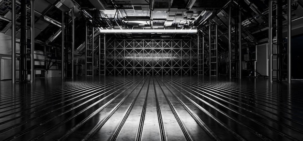 Metallgarage Futuristische leere Garage Eisen-Tunnel Produktionshangar Neonlicht Futuristischer Hintergrund für Produktpräsentation Glanz Fabrikfabrik 3D-Rendering