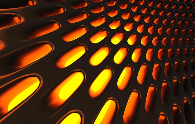 Metallgittergitter Abstrakter 3D-Rendering-Hintergrund in hoher Auflösung 3D-Darstellung von schwarzem Kohlenstoffgitter mit orangefarbenem Licht