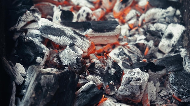 Metallgrill mit Kohlen Gegrilltes Fleisch Das Feuer glimmt in der Grillschale Picknick in der Natur Kohle brennt mit Flamme und Kohlenflamme auf dem Grill Brennender Holzgrill auf einer Schale
