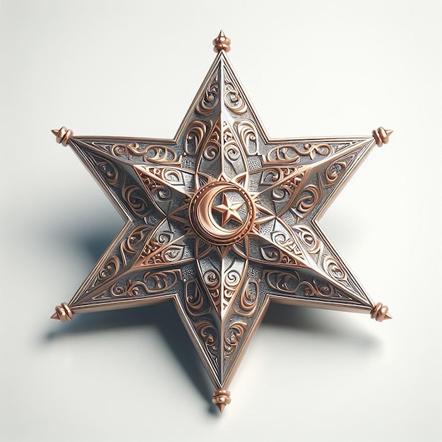 Metallic Finish 3D-Rendered Star Ornament für Ramadan-Dekor gegen weißen Hintergrund