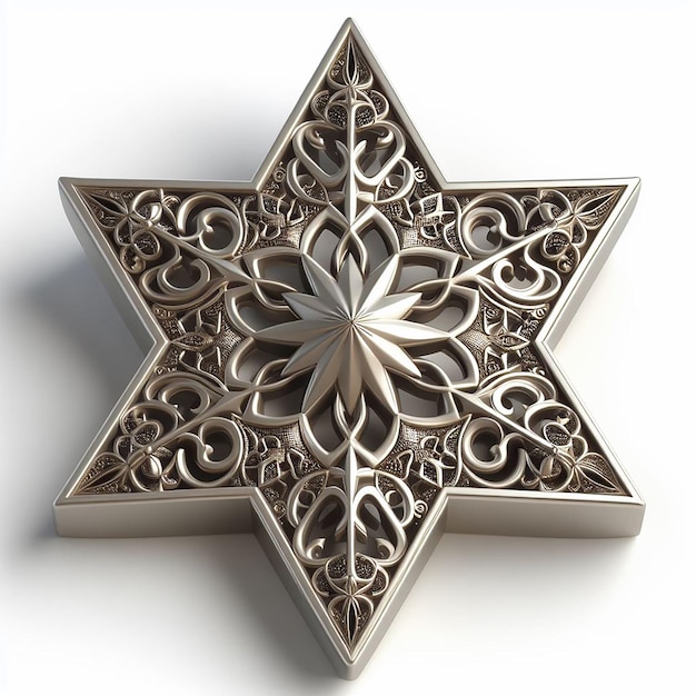 Metallic Finish 3D-Rendered Star Ornament für Ramadan-Dekor gegen weißen Hintergrund