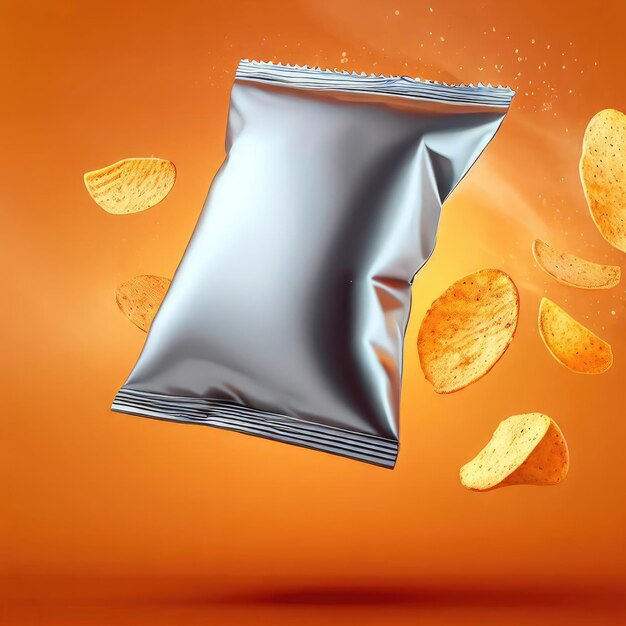 Foto metallische kartoffelchips-mockup mit fliegenden chips