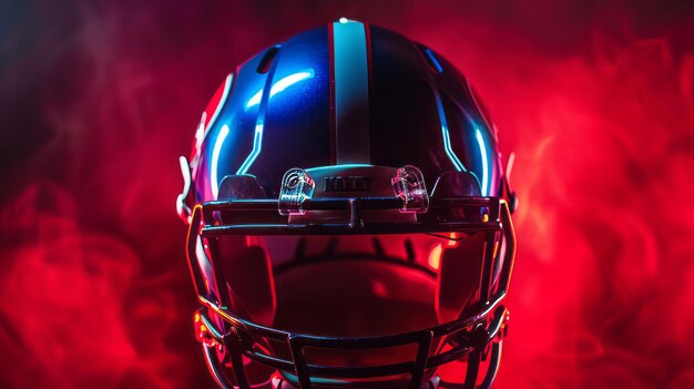 Metallischer American-Football-Helm, der gegen rotes Licht schwebt