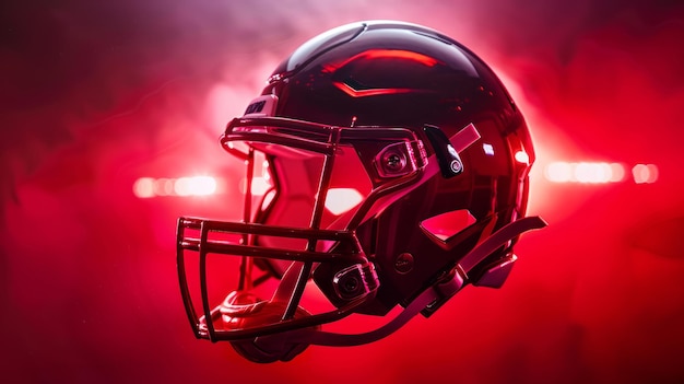 Metallischer American-Football-Helm, der gegen rotes Licht schwebt