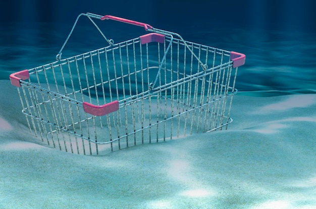 Metallischer leerer Supermarkt-Einkaufskorb auf dem Meeresgrund Unterwasser-3D-Rendering