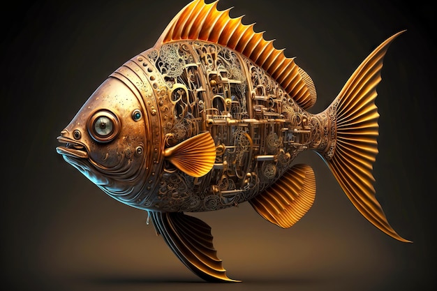 Metallischer mechanischer Fisch mit Flossen und Augen auf dunklem Hintergrund
