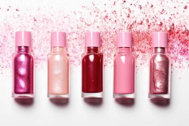 Foto metallischer rosa nagellack, der künstlerisch um drei offene flaschen verschüttet wurde und ein kunstkonzept schuf