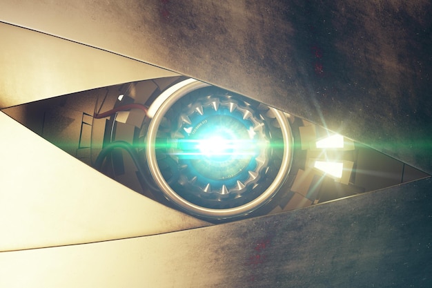 Metallisches blaues Robotik-Auge mit abstraktem helles Licht Cyber-Technologie-Konzept 3D-Rendering