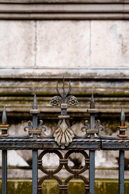 Foto metallknauf mit blumen und einem gewellten dreizack auf einer schmiedeeisernen zaunnahaufnahme