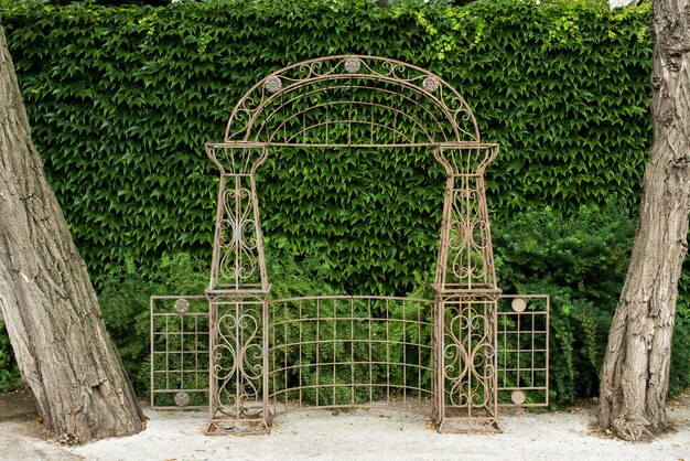 Foto metallrahmen in form eines gewölbten bogens für die landschaftsgestaltung im garten vor dem hintergrund von blättern an der wand