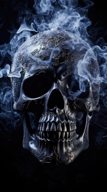 Foto metallschädelmaske im rauch isoliert auf schwarzem hintergrund t-shirts mit tattoo-design zum tag der toten