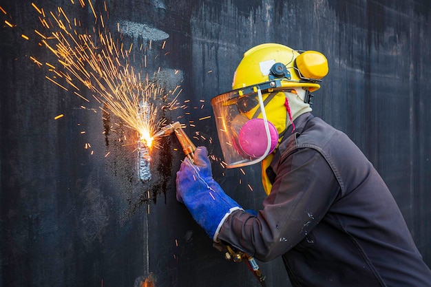 Metallschneidfunke des männlichen Arbeiters auf der Stahlplatte des Tanks mit Blitz des Schneidlichts aus nächster Nähe, Schutzhandschuhe und Maske tragen