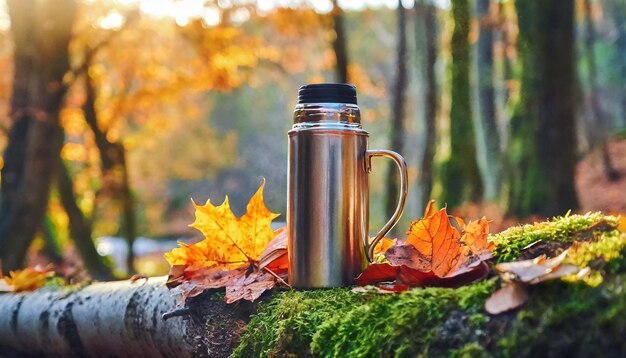 Metallthermos auf einem gefallenen Baum im Wald Behälter für heiße Getränke Grünes Moos Herbstzeit