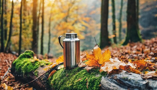 Metallthermos auf einem gefallenen Baum im Wald Behälter für heiße Getränke Grünes Moos Herbstzeit