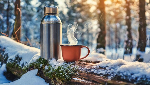 Metallthermos und Becher auf einem gefallenen Baum im schneebedeckten Wald Behälter für heiße Getränke Grünes Moos Winter