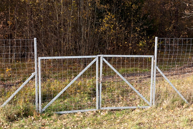 Metallzäune in der Nähe des Waldes, die die Tiere vor der Fahrbahn schützen und deren Sicherheit gewährleisten, ein Teil des Zauns, der den Wald und die Straße abgrenzt