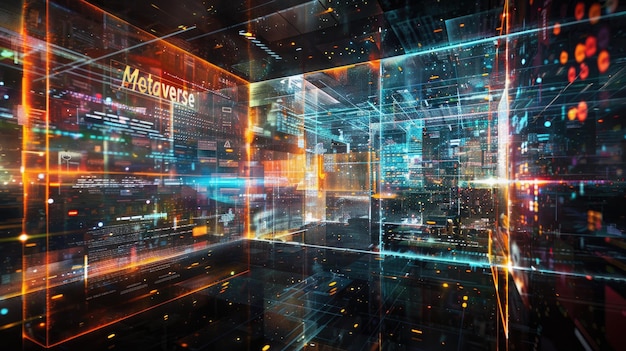 Metaverse abstrakter Hintergrund dunkles Muster des futuristischen digitalen Raumes innerhalb der Cyber-Virtuellen Realität Konzept des zukünftigen Tech-Daten-Universums