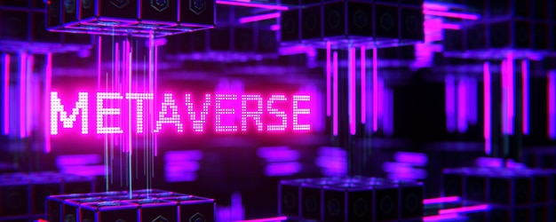 Metaverse-Banner auf einem virtuellen Stand Das Konzept der Arbeit im Metaverse 3D-Rendering