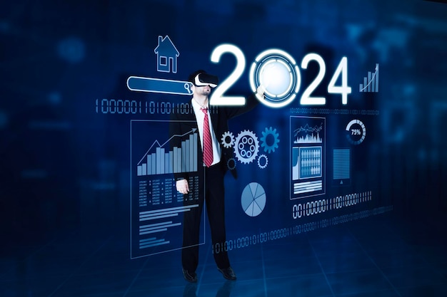Metaverse Businessmann usando VR realidad aumentada futurista presionando números de año nuevo 2024 con infografía