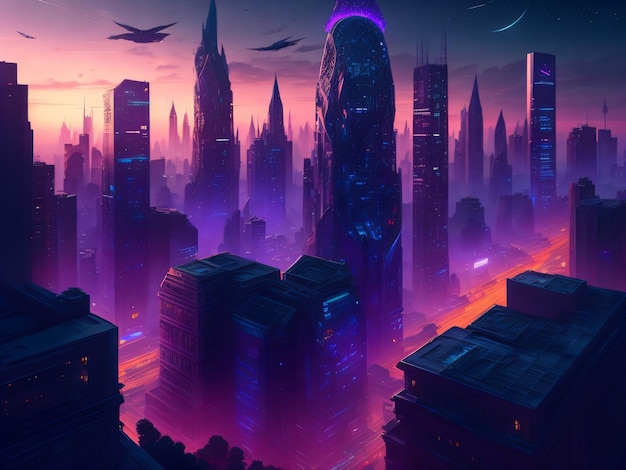 Metaverse CyberPunk City con luces moradas y naranjas