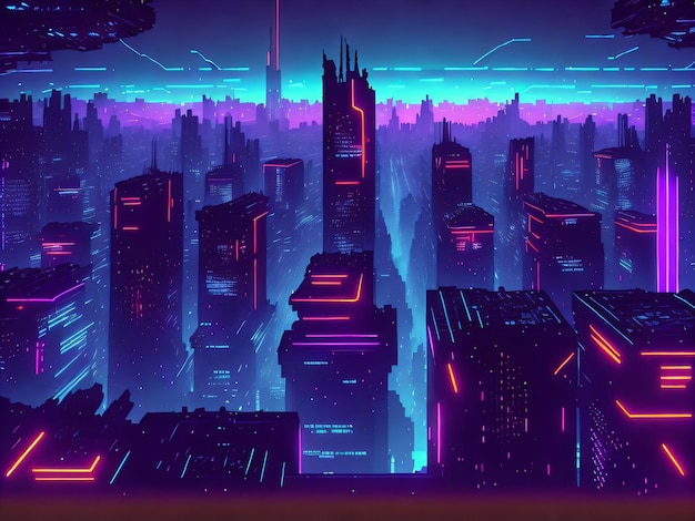 Metaverse Cyberpunk city con luces de neón moradas y azules