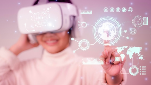 Foto metaverse digital cyber world technology frau mit virtual-reality-vr-brille, die ar-augmented-reality-game-unterhaltung und business-meeting-konferenz futuristischer lebensstil spielt