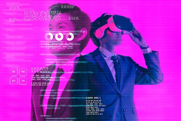 Metaverse digitaler Cyber-Welt-Technologie-Mann mit Virtual-Reality-VR-Brille, der AR-Augmented-Reality-Spielunterhaltung und futuristischen Lebensstil von Geschäftstreffen-Konferenzen spielt