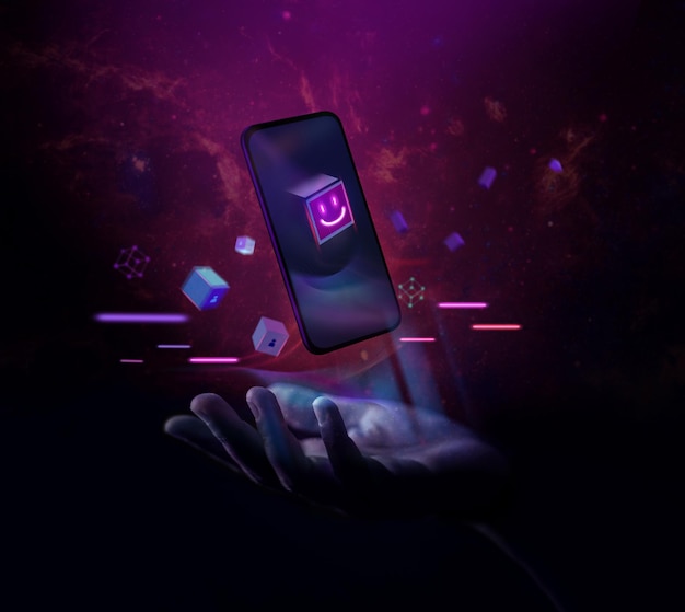 Metaverse e blockchain technology concepts experiências do metaverse virtual world via smart phone tom futurista hand levitando celular elementos desta imagem fornecidos pela nasa