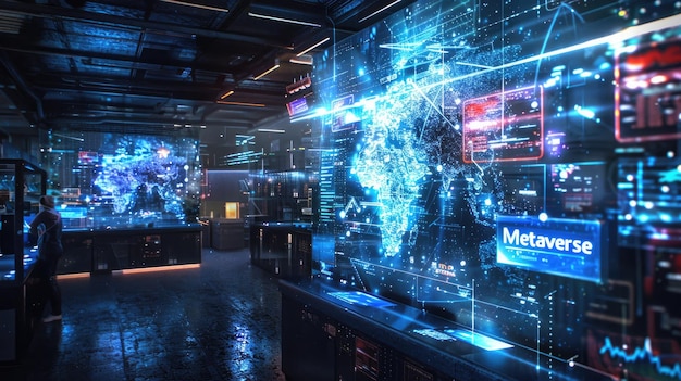 Metaverse fondo abstracto espacio digital futurista oscuro dentro de la realidad virtual cibernética concepto de la tecnología futura juego de sala de datos de la ciudad cyberpunk