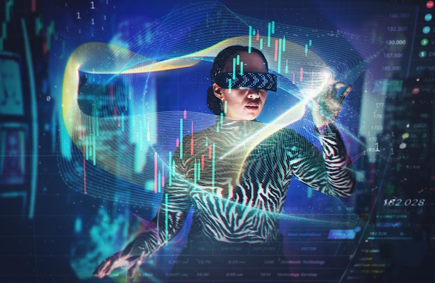 Metaverse gafas de realidad virtual y mujer con superposición para la transformación digital del mercado de valores Vr auriculares chica ar holograma con mundo cibernético 3d para tecnología futura de grandes datos e infografía comercial