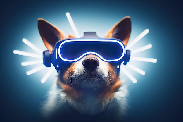 Metaverse pequeno cachorro fofo em óculos de realidade virtual com olhos brilhantes no fundo do espaço neon