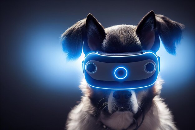 Metaverse pequeno cachorro fofo em óculos de realidade virtual com olhos brilhantes no fundo do espaço neon