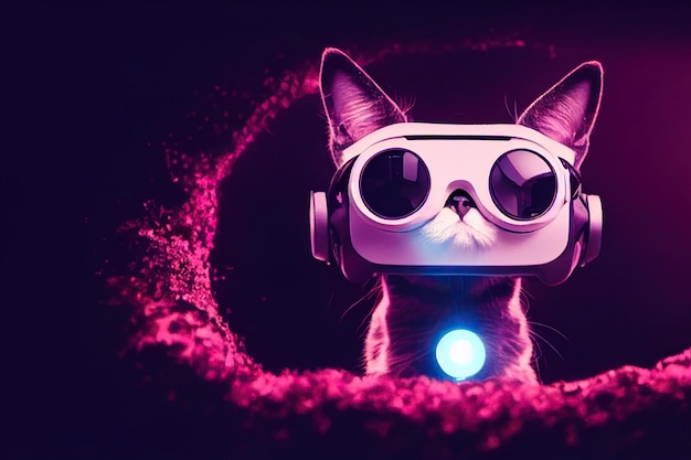 Metaverse pequeno gato fofo em óculos de realidade virtual com olhos brilhantes em fundo dinâmico neon rosa