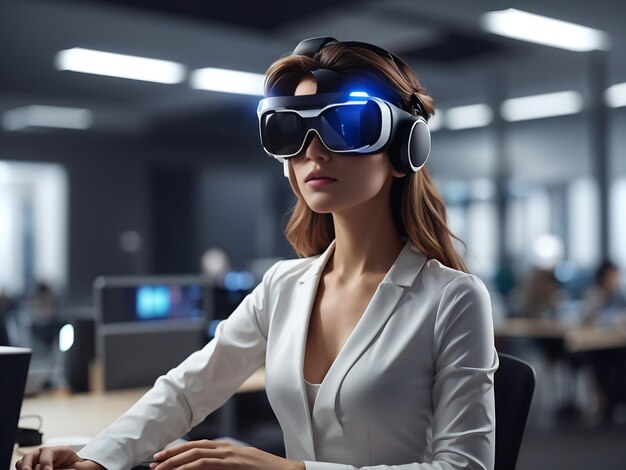 Metaverse-Technologiekonzept Frau mit VR-Virtual-Reality-Brille arbeitet im Büro