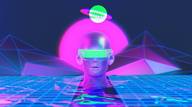 Metaverse vr juegos de simulación estilo cyberpunk robot digital ilustración 3d que representa la realidad virtual