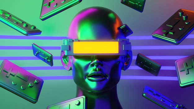 Metaverse vr juegos de simulación estilo cyberpunk robot digital ilustración 3d que representa la realidad virtual