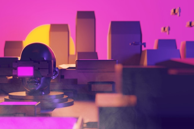 Metaverse vr simulação jogos estilo cyberpunk ilustração 3d robô digital renderização de realidade virtual