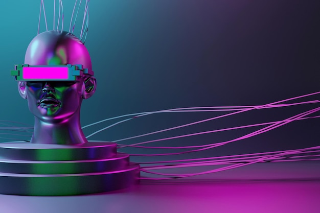 Metaverse vr simulação jogos estilo cyberpunk ilustração 3d robô digital renderização de realidade virtual