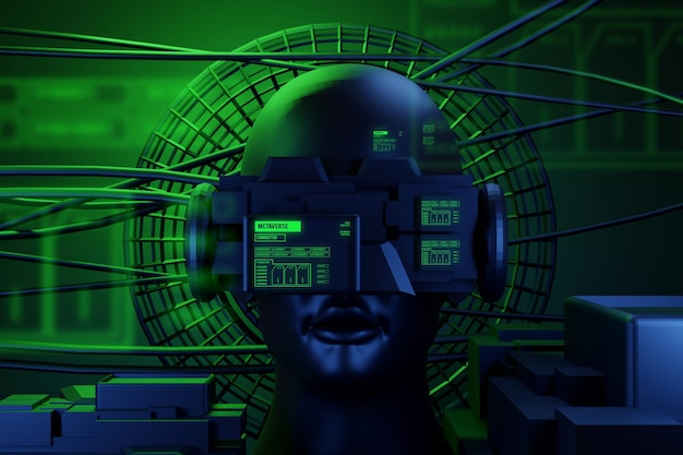 Metaverse vr simulación juegos cyberpunk digital robot 3d ilustración renderizado realidad virtual