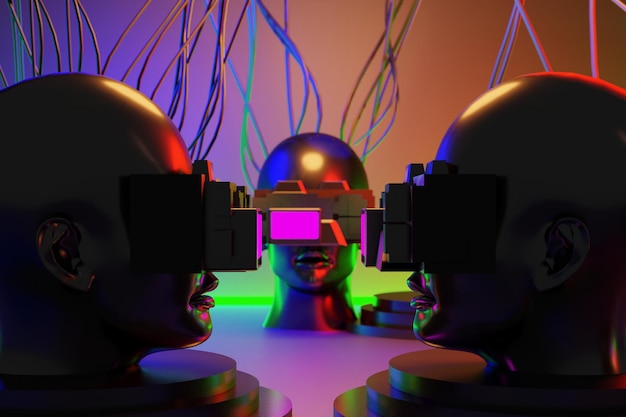 Metaverse vr-Simulationsspiele im Cyberpunk-Stil digitaler Roboter 3D-Illustration, die virtuelle Realität wiedergibt