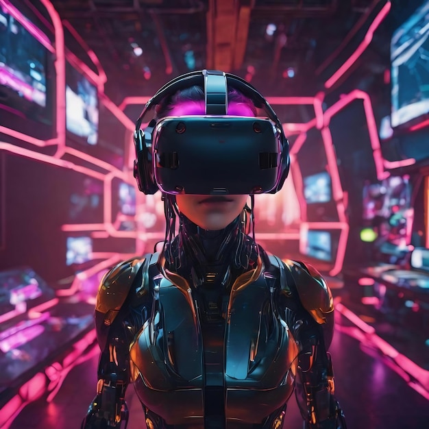 Metaverse vr virtuelle Realität mit Netzwerk-Gaming von Simulation Cyberpunk Gamer Hintergrund 3D-Rendering