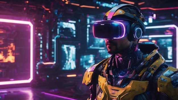 Metaverse vr virtuelle Realität mit Netzwerk-Gaming von Simulation Cyberpunk Gamer Hintergrund 3D-Rendering